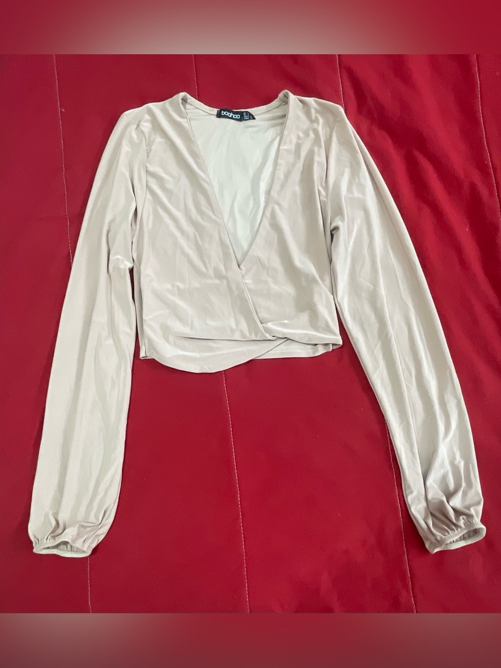 Boohoo Taupe Long-Sleeve Wrap Crop Top